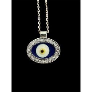 Evil Eye Enamel Necklace Lined With Rhinestone CZ Pendant Silver 925